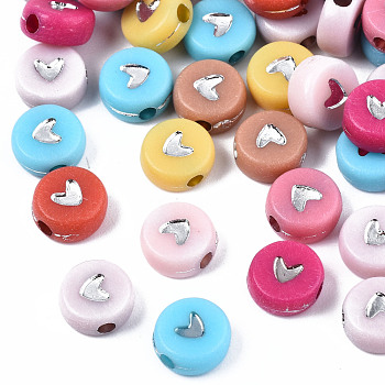 Opaque Acrylic Beads, Flat Round with Star, Silver Plated, 6.5x7x3mm, Hole: 1.6mm, about 360~370pcs/50g