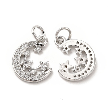 Brass Micro Pave Cubic Zirconia Charms, with Jump Ring, Moon with Star Charm, Platinum, 14.8x11.8x2mm, Hole: 2.5mm