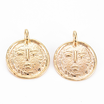 Brass Pendants, Nickel Free, Flat Round with Abstract Face, Real 18K Gold Plated, 21x17x1.5mm, Hole: 3mm
