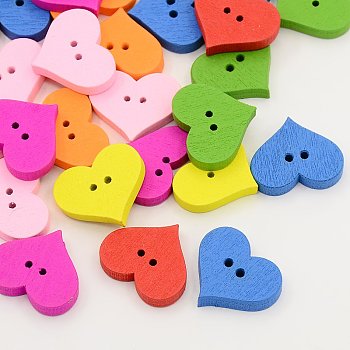 Wooden Buttons, Dyed, 2-Hole, Heart, Mixed Color, 17x20x4mm, Hole: 1.5mm