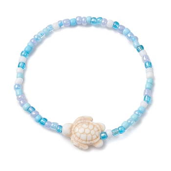 Dyed Synthetic Turquoise Beaded Stretch Bracelets for Kids, with Glass Seed Beads, Turtle, White, Inner Diameter: 2 inch(5.2cm)