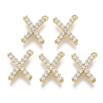 Brass Micro Pave Cubic Zirconia Charms, Nickel Free, Letter, Clear, Real 18K Gold Plated, Letter.X, 15x11.5x2.5mm, Hole: 1.2mm