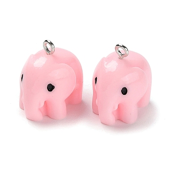 Opaque Resin Pendants, Elephant Charms, with Platinum Tone Iron Loops, Pink, 20x15x20mm, Hole: 2mm