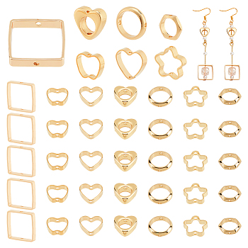 Elite 42Pcs 7 Style Brass Bead Frames, Long-Lasting Plated, Cadmium Free & Nickel Free & Lead Free, Hexagon & Ring & Star, Real 18K Gold Plated, 8~15x9~15x2mm, Hole: 0.8~1mm, 6pcs/style