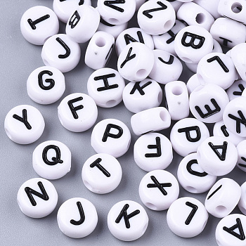 White Opaque Acrylic Beads, Horizontal Hole, Flat Round with Letter, Black, Letter, 7x4mm, Hole: 1.8mm