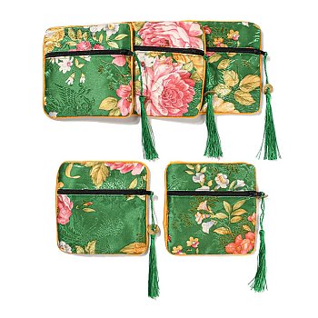 Chinese Style Floral Cloth Jewelry Storage Zipper Pouches, Square Jewelry Gift Case with Tassel, for Bracelets, Earrings, Rings, Random Pattern, Medium Sea Green, 115x115x7mm