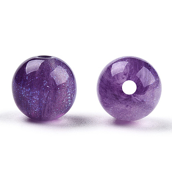 Round Imitation Cat Eye Resin Beads, with Glitter Powder, Purple, 8mm, Hole: 1.6~1.8mm
