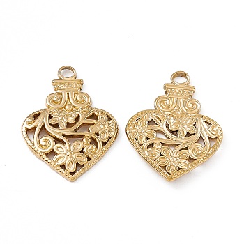 Ion Plating(IP) 304 Stainless Steel Pendants, Heart Bottle with Flower Charm, Real 18K Gold Plated, 28x20.5x2.5mm, Hole: 3mm
