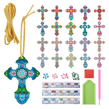 DIY Diamond Painting Cross Pendant Decoration Kits, including Resin Rhinestones, Diamond Sticky Pen, Tray Plate and Glue Clay, Zip Lock Bags, Mixed Color, Cross: 96x71x0.5mm, 10pcs.