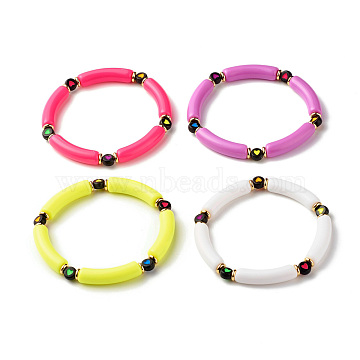Acrylic Chunky Curved Tube Beaded Stretch Bracelet with Heart for Women, Mixed Color, Inner Diameter: 2-1/4 inch(5.7cm)(BJEW-JB07586)