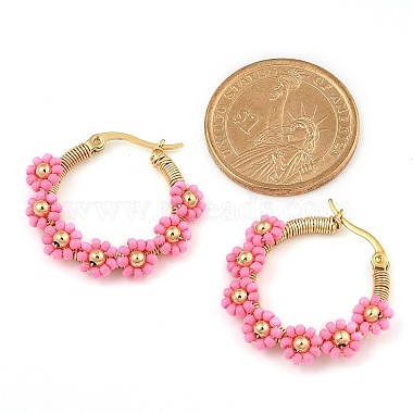 304 Stainless Steel & Bohemian Beaded Flower Hoop Earrings for Women(EJEW-R001-02G-03)-3