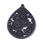 Wood Pendants, Dyed, Teardrop with Flower, Black, 50.5x38x1.5mm, Hole: 1.4mm(WOOD-P014-G07)