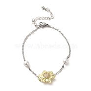 Sunflower Brass Cubic Zirconia Link Bracelets, with Imitation Pearl, Golden, 6-3/8 inch(16.1cm)(BJEW-A004-01)