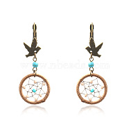 Iron Woven Net/Web Dangle Earrings, Alloy Leverback Earring, with Nylon Cord, Polyester Thread and Seed Beads, Pigeon, Antique Bronze, 58x22mm(EJEW-F238-21)