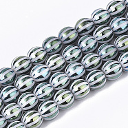 Electroplate Glass Beads Strands, Round with Stripe, Cadet Blue, 8x7.5mm, Hole: 1.2mm, about 40pcs/strand, 11.8 inch(EGLA-S177-11A-04)