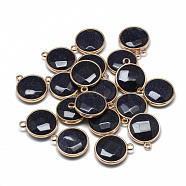 Synthetic Blue Goldstone Pendants, with Golden Tone Brass Findings, Faceted, Flat Round, 21x18x6mm, Hole: 2mm(G-T073-01O)