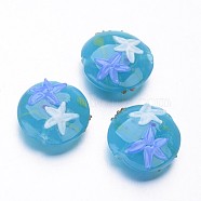 Ocean Style Flat Round with Starfish Handmade Lampwork Beads, Cornflower Blue, 20~21x9~10mm, Hole: 2mm(LAMP-F005-01)