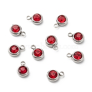 201 Stainless Steel Rhinestone Charms, July Birthstone Charms, Flat Round, Stainless Steel Color, Light Siam, 8.5x6x3mm, Hole: 1.5mm(STAS-S068-07)
