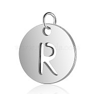 304 Stainless Steel Charms, Flat Round with Letter, Stainless Steel Color, Letter.R, 12x1mm, Hole: 2.5mm(STAS-S105-T514S-R)