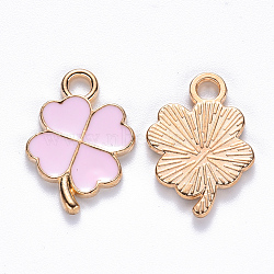 Alloy Enamel Pendants, Clover, Light Gold, Pink, 18x12x2mm, Hole: 2mm(ENAM-S121-050D)