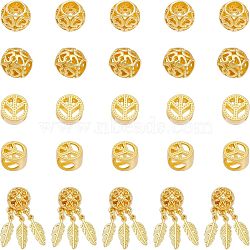 CHGCRAFT 3 Style Alloy European Beads, Large Hole Beads, Matte Style, Woven Net/Web with Feather & Flat Round with Peace, Matte Gold Color, 10.5~28.5mm, hole: 4~7mm, 25pcs/box(FIND-CA0006-17)