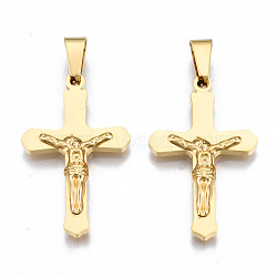 201 Stainless Steel Pendants, Crucifix Cross, for Easter, Real 18K Gold Plated, 30.5x18.5x3mm, Hole: 3.5x8mm(STAS-Q241-004G-NF)