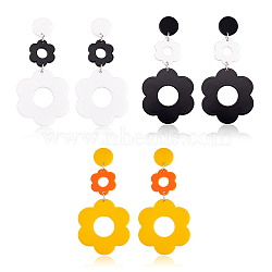 3 Pairs 3 Colors Acrylic Flower Dangle Stud Earrings, Iron Long Drop Earrings for Women, Mixed Color, 71mm, Pin: 0.8mm, 1 Pair/color(EJEW-AN0001-36)