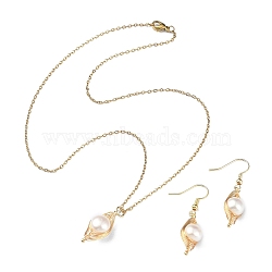 Natural Pearl Pendant Necklace & Dangle Earrings, 304 Stainless Steel Wire Wrap Jewelry Set for Women, Golden, 449mm, 42mm, Pin: 0.6mm(SJEW-JS01276)
