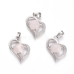 Natural Rose Quartz Pendants, with Platinum Tone Brass Findings and Crystal Rhinestone, Heart, 29x21.5x9mm, Hole: 7x3.5mm(G-L512-O13)
