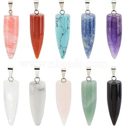 Olycraft 10Pcs 10 Style Natural & Synthetic Gemstone Pointed Pendants, with Platinum Brass Findings, Bullet, Mixed Color, 32~35x10~11mm, Hole: 4.5~7x3~4mm, 1pc/style(G-OC0003-07)