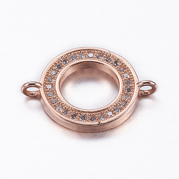 Brass Micro Pave Cubic Zirconia Links, Flat Round, Real Rose Gold Plated, 14x19.5x2mm, Hole: 1.5mm