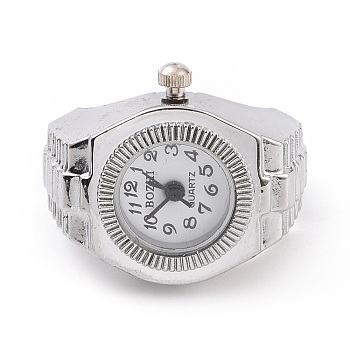 201 Stainless Steel Stretch Watchband Finger Ring Watches, Flat Round Quartz Watch for Unisex, White, 15x18mm, Watch Head: 19x27mm, Watch Face: 11.5mm