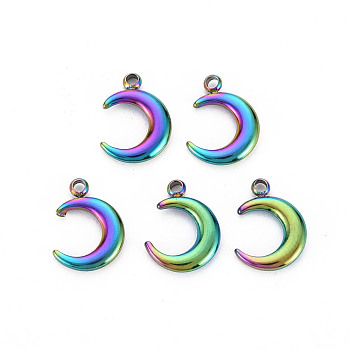 201 Stainless Steel Charms, Crescent Moon Charm, Moon, Rainbow Color, 12x8.5x2mm, Hole: 1.4mm