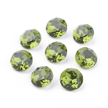 Pointed Back & Back Plated K9 Glass Rhinestone Cabochons, Grade A, Faceted, Flat Round, Olivine, 8x4.5mm