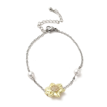 Sunflower Brass Cubic Zirconia Link Bracelets, with Imitation Pearl, Golden, 6-3/8 inch(16.1cm)