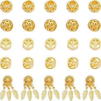 CHGCRAFT 3 Style Alloy European Beads, Large Hole Beads, Matte Style, Woven Net/Web with Feather & Flat Round with Peace, Matte Gold Color, 10.5~28.5mm, hole: 4~7mm, 25pcs/box