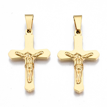 201 Stainless Steel Pendants, Crucifix Cross, for Easter, Real 18K Gold Plated, 30.5x18.5x3mm, Hole: 3.5x8mm
