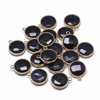 Synthetic Blue Goldstone Pendants, with Golden Tone Brass Findings, Faceted, Flat Round, 21x18x6mm, Hole: 2mm
