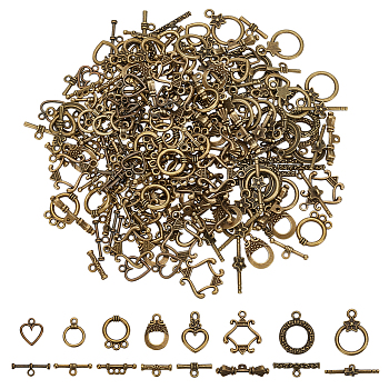 96Sets Tibetan Style Alloy Ring Toggle Clasps, Mixed Shapes, Antique Bronze, Ring: 21x17x2mm, Hole: 2mm, Bar: 7x21.5x2.5mm, Hole: 2mm