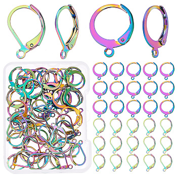 60Pcs 2 Style 304 Stainless Steel Leverback Earring Findings, Ear Wire with Loop, Rainbow Color, 15~16x10.5~13x2mm, Hole: 1.4~1.5mm, Pin: 0.7~0.8mm, 30pcs/style