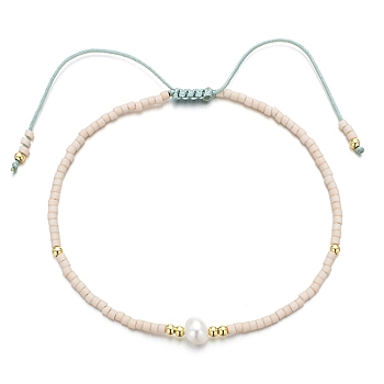 Glass Imitation Pearl & Seed Braided Bead Bracelets, Adjustable Bracelet, PapayaWhip, 11 inch(28cm)