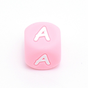 Silicone Alphabet Beads for Bracelet or Necklace Making, Letter Style, Pink Cube, Letter.A, 12x12x12mm, Hole: 3mm