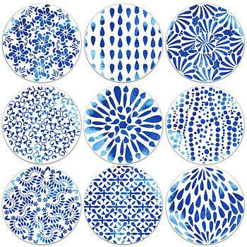 Composite Wood Board Cup Mats Set, Nordic Style Teardrop Pattern Printed Coasters, Flat Round, Royal Blue, 100x5mm, 1pc/style, 9 style, 9pcs/set