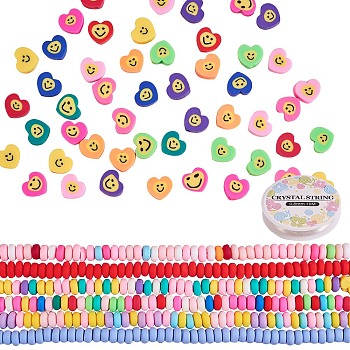 DIY Stretch Bracelets Making Kits, 6 Strands 6 Colors Flat Round Polymer Clay Beads Strands, 50Pcs Heart with Smile Face Polymer Clay Beads and 1 Roll Elastic Crystal Thread, Mixed Color, 6~7x3mm, Hole: 1.5mm, about 113~116pcs/strand, 15.55 inch~16.14 inch(39.5~41cm), 1 strand/color