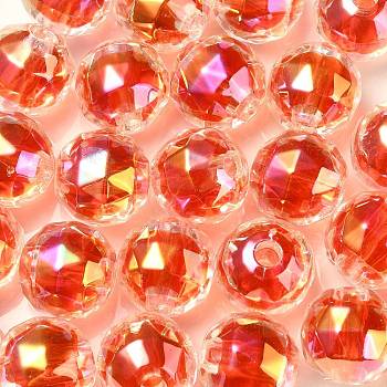 Two Tone UV Plating Rainbow Iridescent Acrylic Beads, Faceted, Round, Red, 15x15.5mm, Hole: 3.8mm
