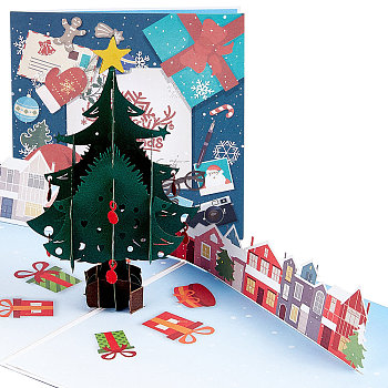 Rectangle 3D Christmas Trees Pop Up Paper Greeting Card, with Envelope, Christmas Day Invitation Card, Christmas Tree Pattern, 150x150x4.5mm