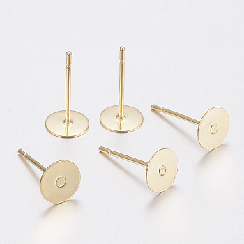 304 Stainless Steel Stud Earring Findings, Flat Round, Golden, 10x0.3mm, Pin: 12x0.8mm