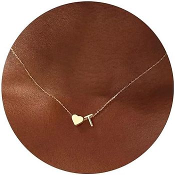 Simple Style Adjustable 316L Surgical Stainless Steel Heart and Initial Pendant Necklaces for Women, Real 14K Gold Plated, Letter T, 15.75 inch(40cm)