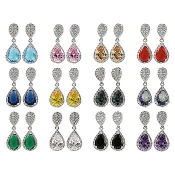 Rack Plating Brass Micro Pave Cubic Zirconia Dangle Stud Earrings, Teardrop, Mixed Color, 24x10mm