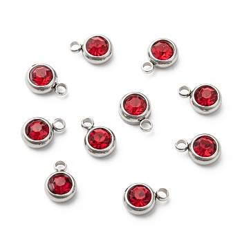 201 Stainless Steel Rhinestone Charms, July Birthstone Charms, Flat Round, Stainless Steel Color, Light Siam, 8.5x6x3mm, Hole: 1.5mm